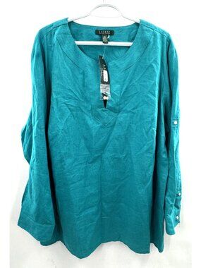NWT Ralph Lauren Emerald Green Pure Linen Popover Blouse Top Women's Sz 3XL
